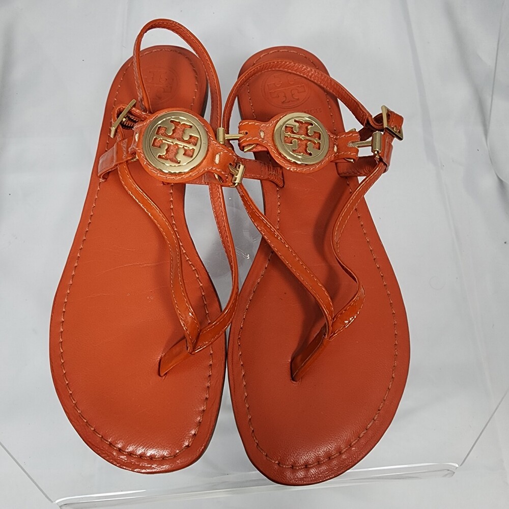 TORY BURCH Ali 7.5 M Orange/Gold Patent Leather Slingback Thong Strappy Sandals